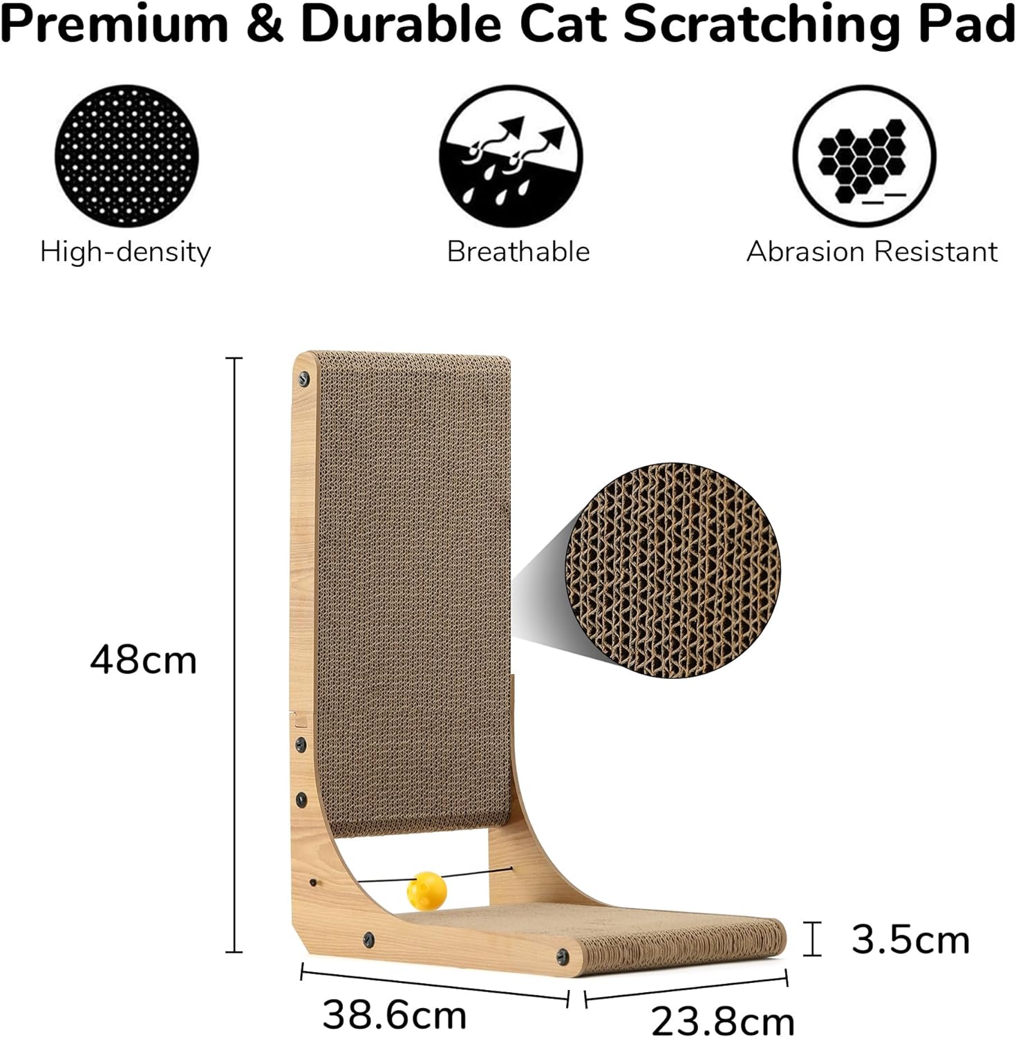 FUKUMARU Cat Scratching Board, 68 cm High L Shaped Scratching Board for Cats, Durable Cat Scratching Board with Ball Toy, Cat Scratching Furniture Made of High-Quality Cardboard for Wall and Corner,