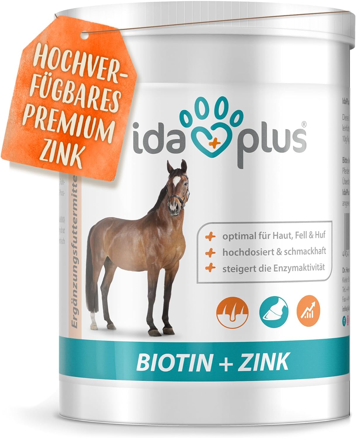 Ida Plus Biotin + Zinc - All-Round Supply - High Dose - Comparison Winner - Premium Zinc for Horses - Improves Hoof Quality - for Skin, Fur & Immune System - For Mauke, Hoof Problems & More - 750 g